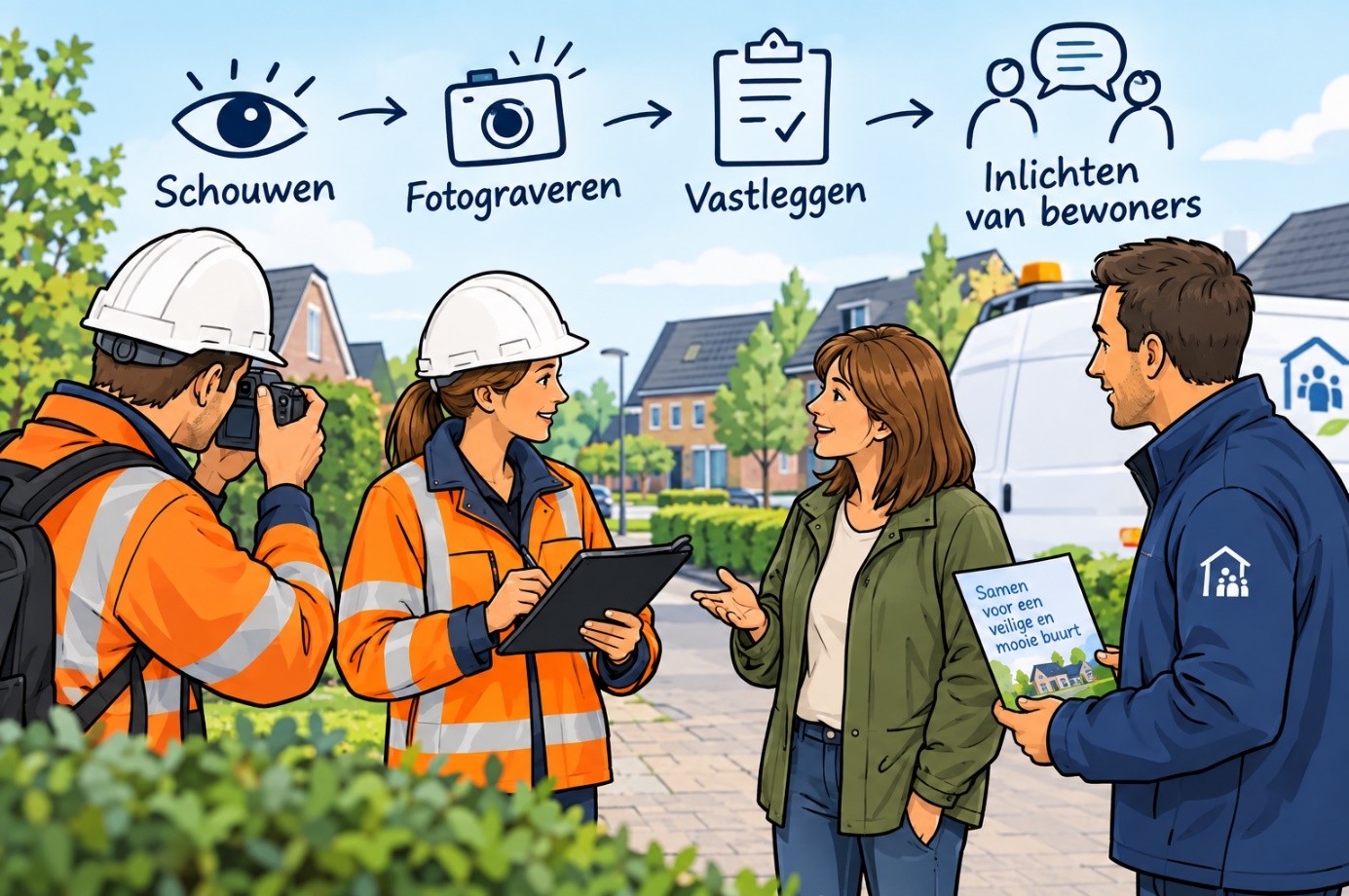 Uitvoerders schouwen en fotograferen in de wijk en lichten bewoners in
